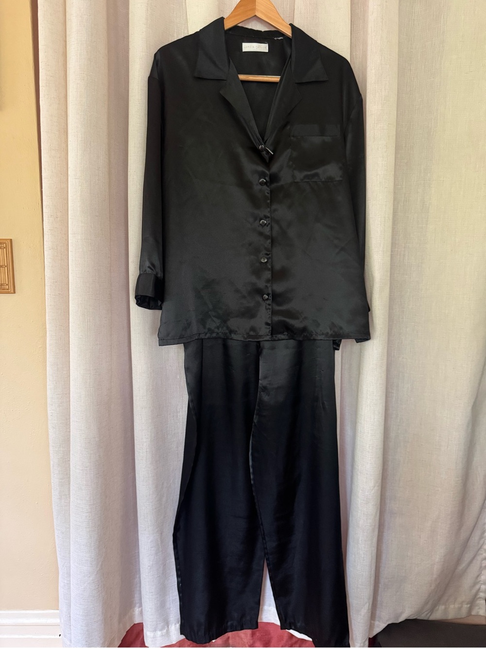 Lord & Taylor Black Satin Pajama Set - Button-Front Top & Elastic Pants Size XL